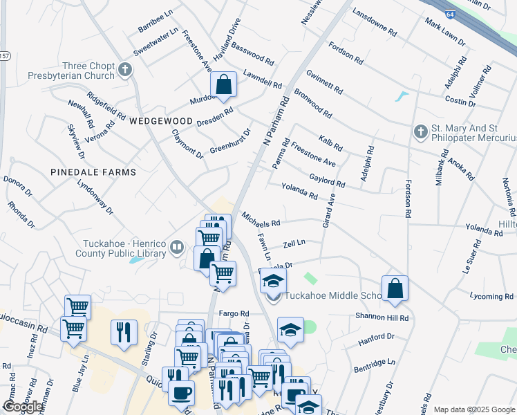 map of restaurants, bars, coffee shops, grocery stores, and more near 1807 North Parham Road in Richmond