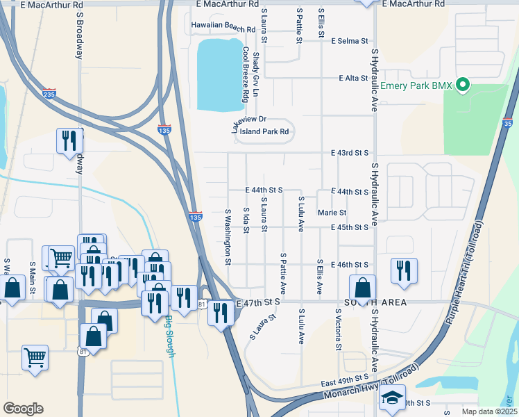 map of restaurants, bars, coffee shops, grocery stores, and more near 4531 South Laura Street in Wichita