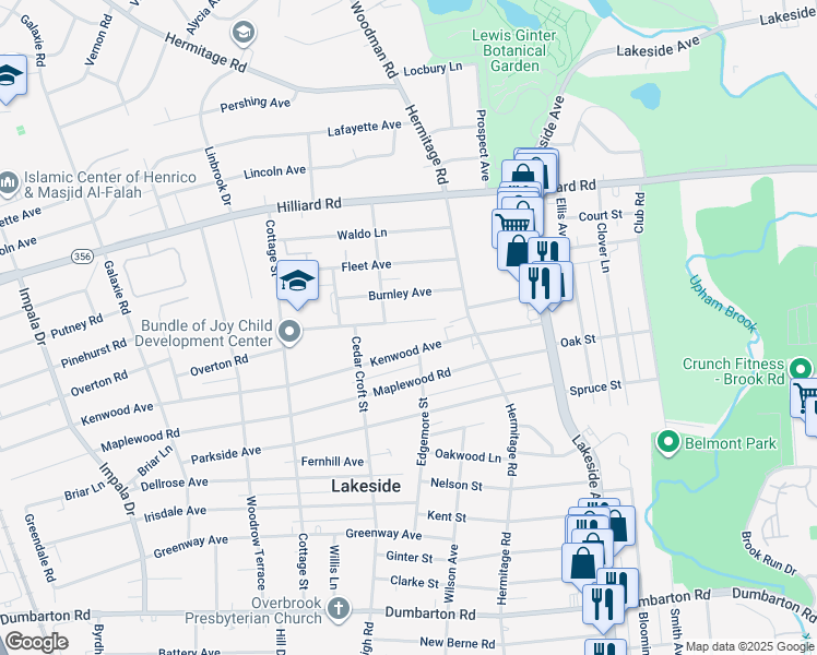 map of restaurants, bars, coffee shops, grocery stores, and more near 2501 Williams Street in Richmond