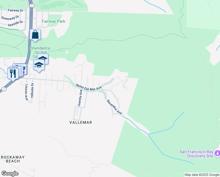 map of restaurants, bars, coffee shops, grocery stores, and more near 955 Reina Del Mar Avenue in Pacifica