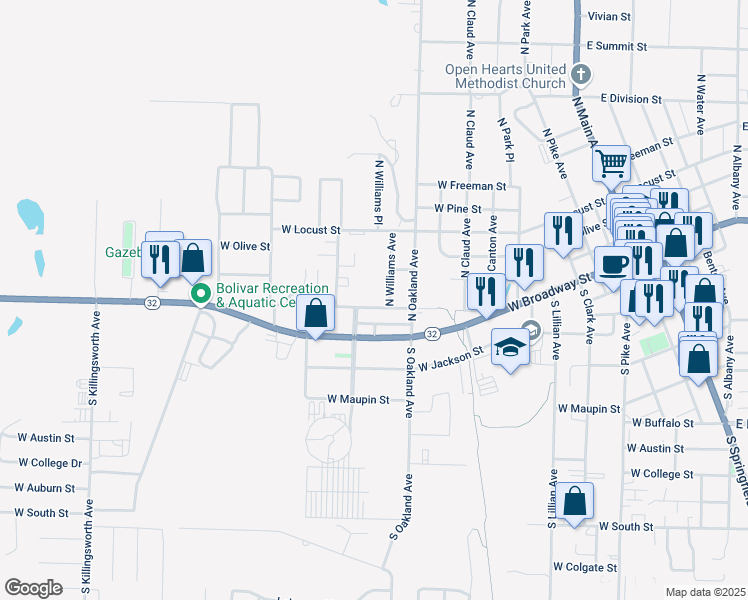 map of restaurants, bars, coffee shops, grocery stores, and more near 1115 West Fair Play Street in Bolivar