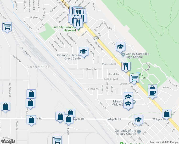 map of restaurants, bars, coffee shops, grocery stores, and more near 31828 Potsdam Street in Hayward