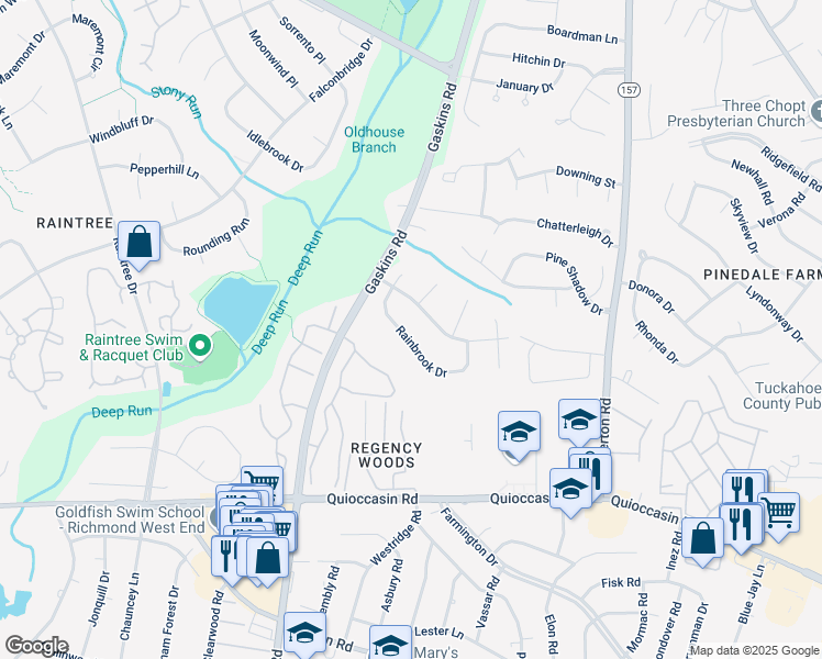 map of restaurants, bars, coffee shops, grocery stores, and more near 9620 Rainbrook Drive in Richmond