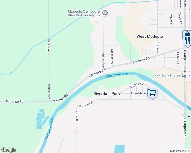 map of restaurants, bars, coffee shops, grocery stores, and more near 2712 Paradise Road in Modesto