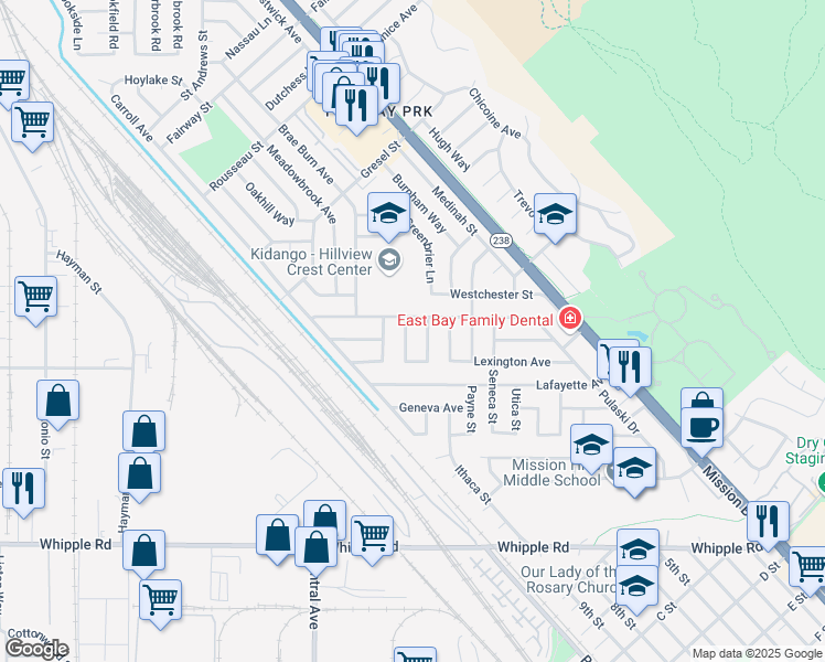 map of restaurants, bars, coffee shops, grocery stores, and more near 31828 Potsdam Street in Hayward