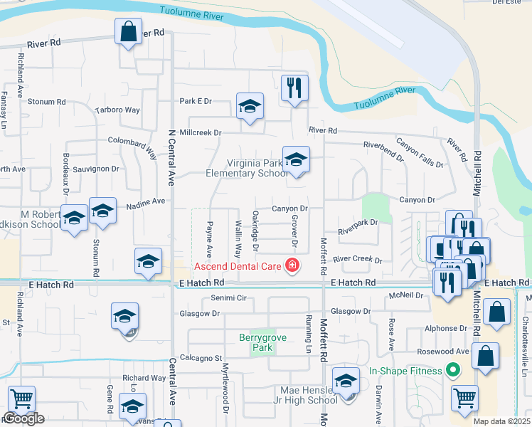 map of restaurants, bars, coffee shops, grocery stores, and more near 2416 Canyon Drive in Modesto