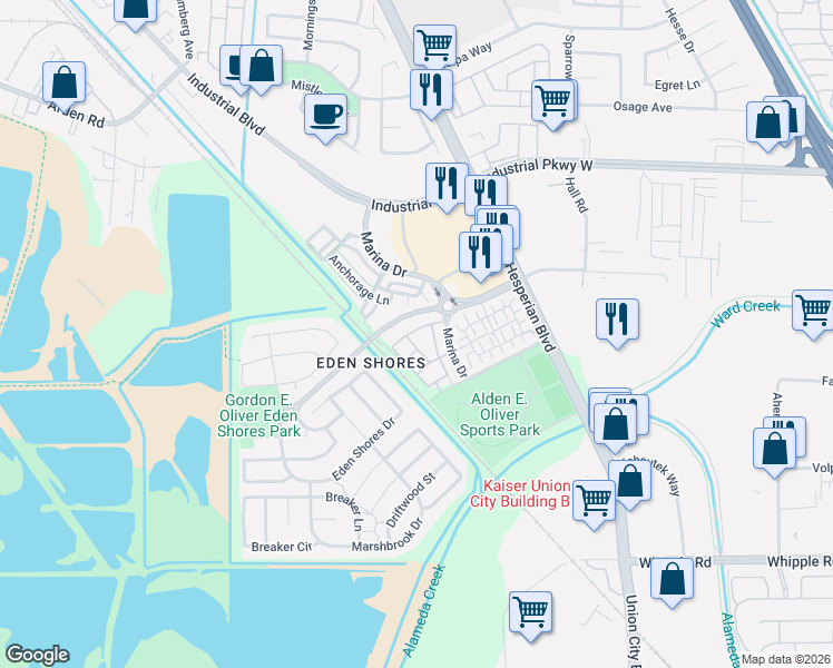 map of restaurants, bars, coffee shops, grocery stores, and more near 2692 Northern Cross Road in Hayward