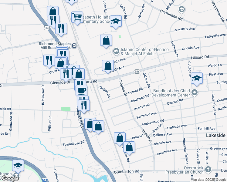 map of restaurants, bars, coffee shops, grocery stores, and more near 3015 Ruthland Road in Henrico