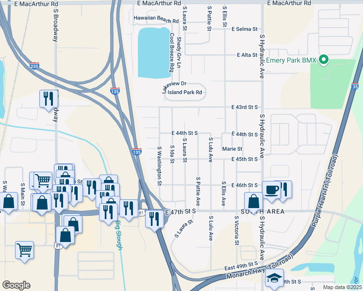 map of restaurants, bars, coffee shops, grocery stores, and more near 4531 South Laura Street in Wichita