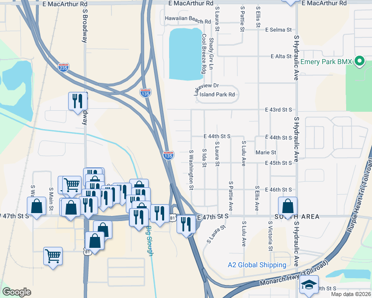 map of restaurants, bars, coffee shops, grocery stores, and more near 4561 South Washington Court in Wichita