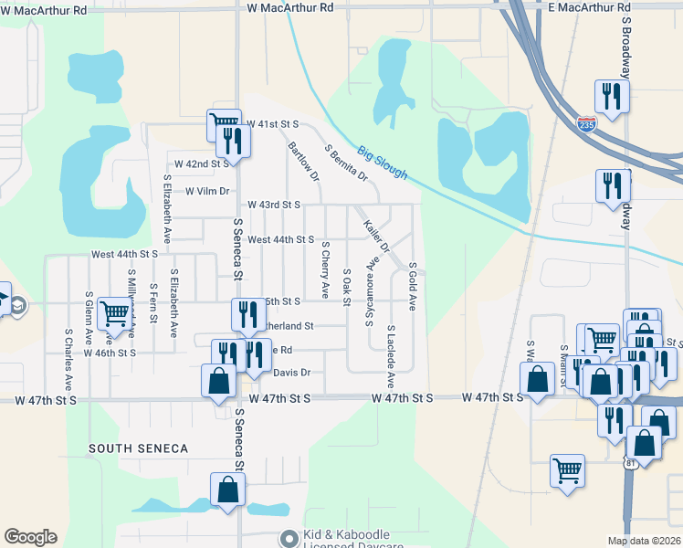 map of restaurants, bars, coffee shops, grocery stores, and more near 4550 South Oak Avenue in Wichita