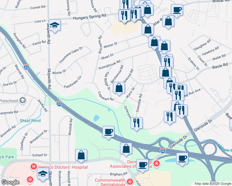 map of restaurants, bars, coffee shops, grocery stores, and more near 2303 Lockwood Road in Richmond