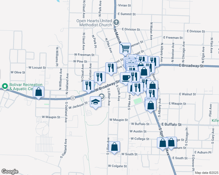 map of restaurants, bars, coffee shops, grocery stores, and more near 101-203 South Lillian Avenue in Bolivar