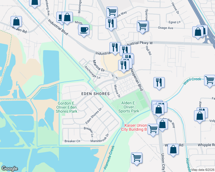 map of restaurants, bars, coffee shops, grocery stores, and more near 2692 Northern Cross Road in Hayward