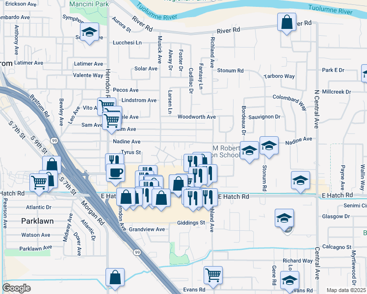 map of restaurants, bars, coffee shops, grocery stores, and more near 1610 Nadine Ave in Modesto