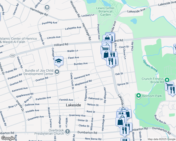 map of restaurants, bars, coffee shops, grocery stores, and more near 2319 Williams Street in Henrico