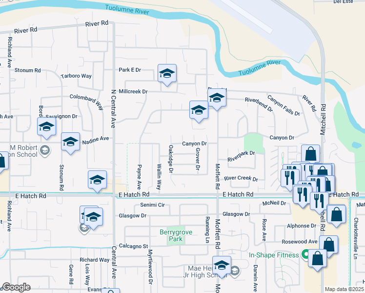 map of restaurants, bars, coffee shops, grocery stores, and more near 2416 Canyon Drive in Modesto