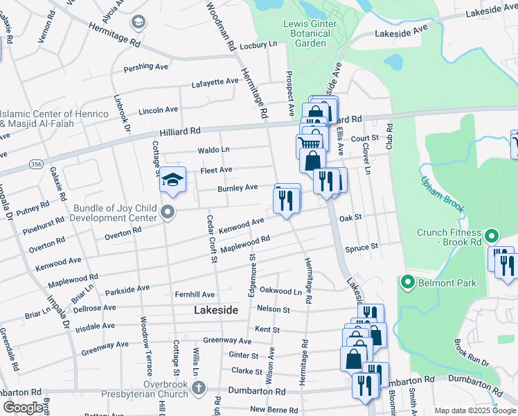 map of restaurants, bars, coffee shops, grocery stores, and more near 2319 Williams Street in Henrico