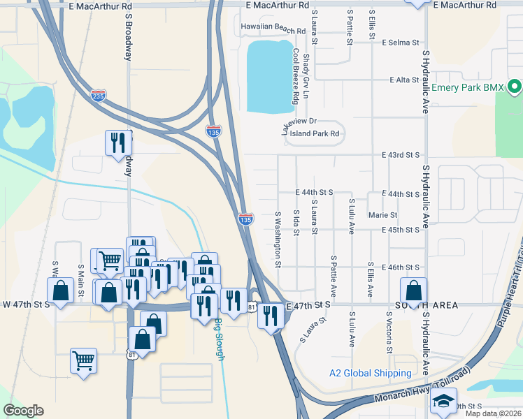 map of restaurants, bars, coffee shops, grocery stores, and more near 4561 South Washington Court in Wichita