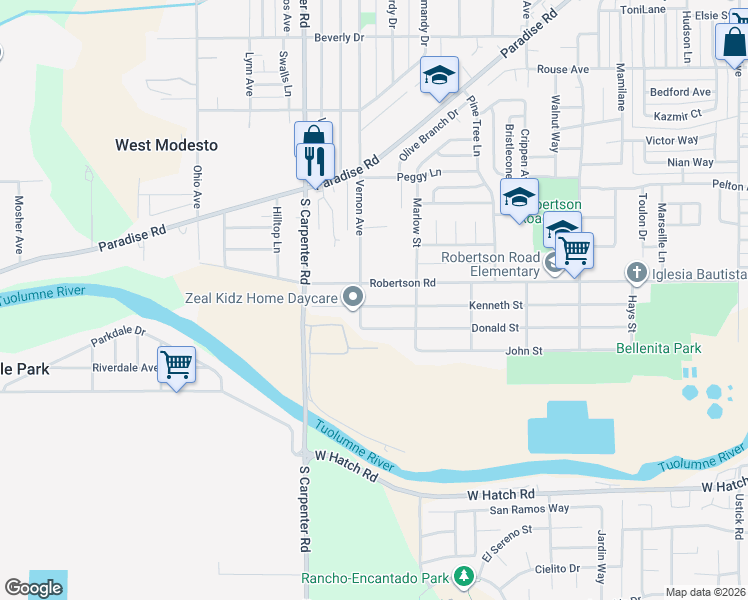 map of restaurants, bars, coffee shops, grocery stores, and more near 2133 Kenneth Street in Modesto