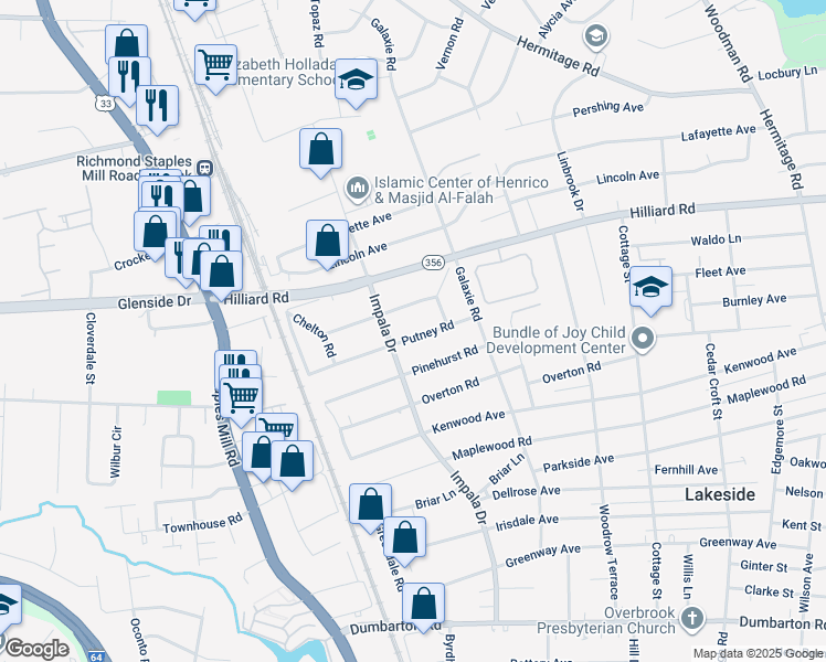 map of restaurants, bars, coffee shops, grocery stores, and more near 2916 Putney Road in Richmond