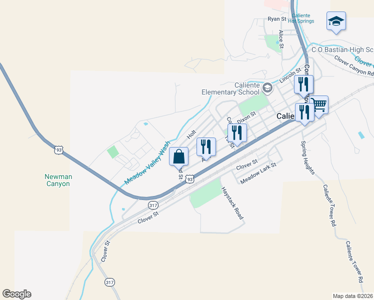 map of restaurants, bars, coffee shops, grocery stores, and more near 945 Lincoln Street in Caliente