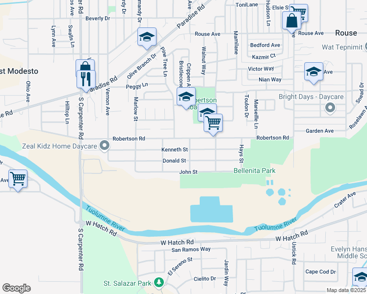 map of restaurants, bars, coffee shops, grocery stores, and more near 1909 Kenneth Street in Modesto