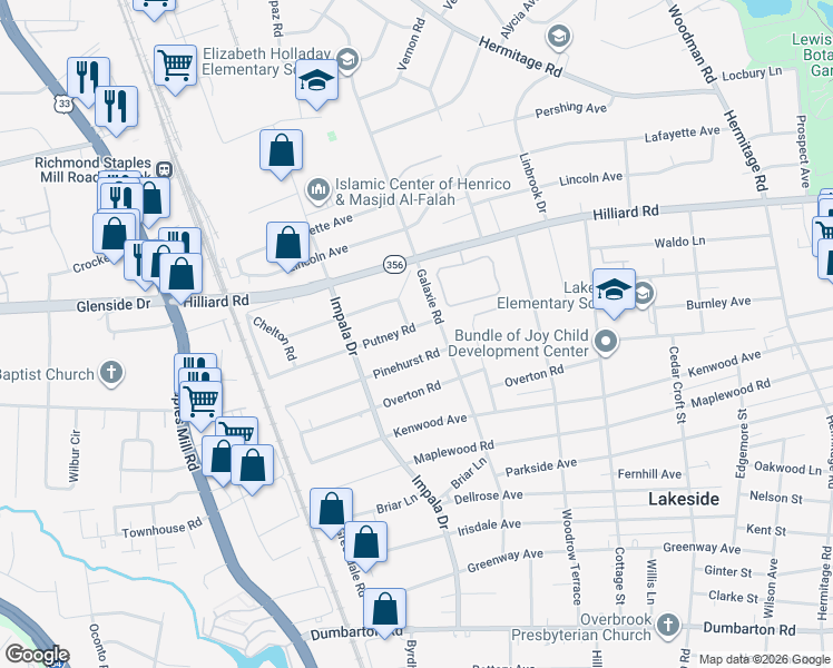 map of restaurants, bars, coffee shops, grocery stores, and more near 2909 Putney Road in Richmond