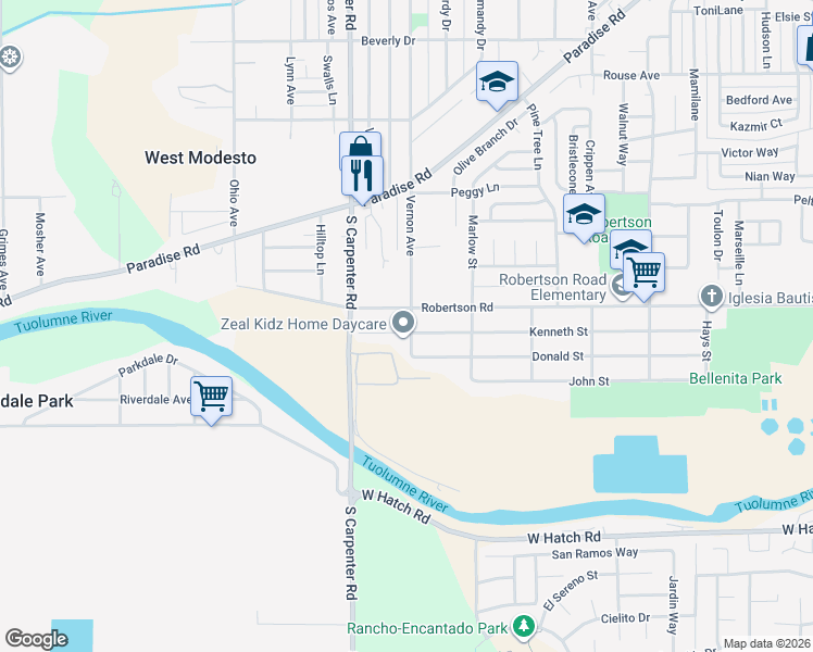 map of restaurants, bars, coffee shops, grocery stores, and more near 2133 Kenneth Street in Modesto