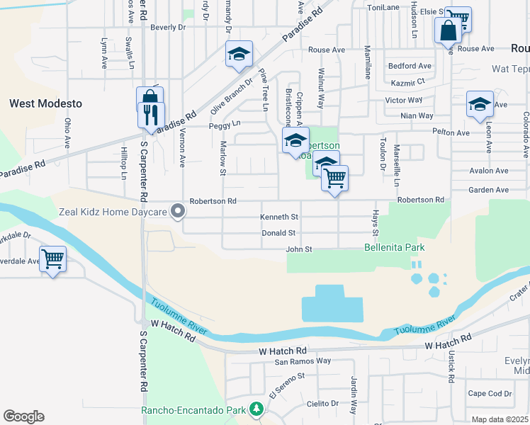 map of restaurants, bars, coffee shops, grocery stores, and more near 1330 Thomas Street in Modesto