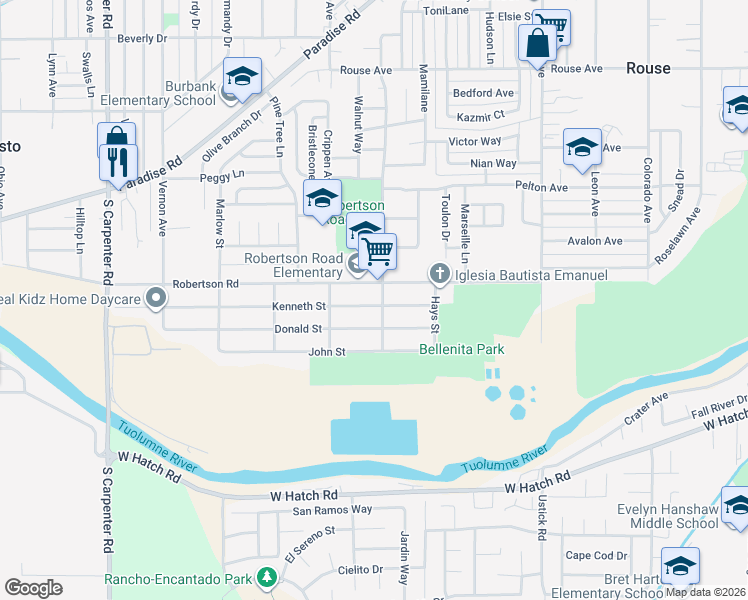map of restaurants, bars, coffee shops, grocery stores, and more near 1736 Kenneth Street in Modesto