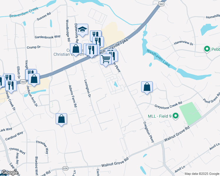 map of restaurants, bars, coffee shops, grocery stores, and more near 7370 Pebble Lake Drive in Mechanicsville