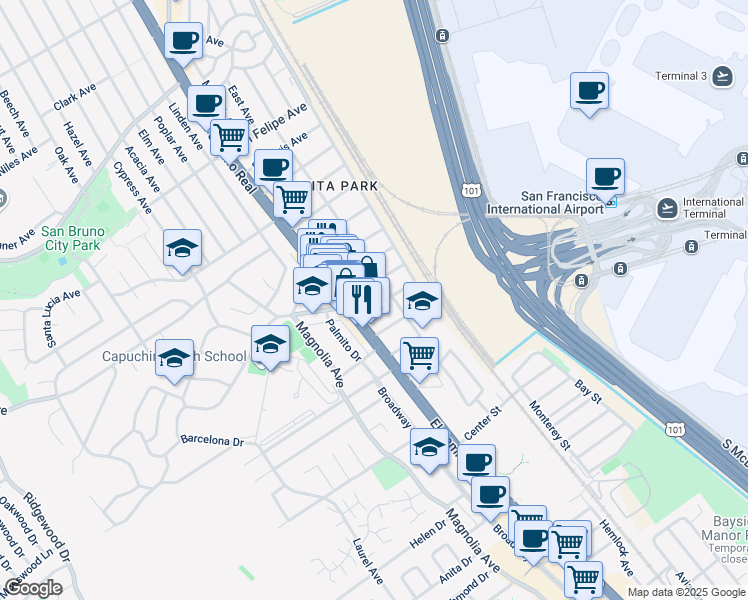 map of restaurants, bars, coffee shops, grocery stores, and more near 1580 El Camino Real in San Bruno