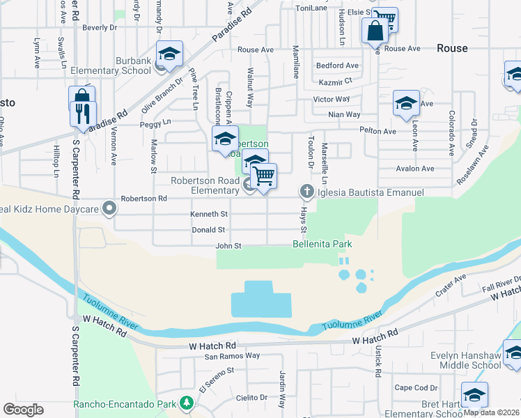 map of restaurants, bars, coffee shops, grocery stores, and more near 1736 Kenneth Street in Modesto