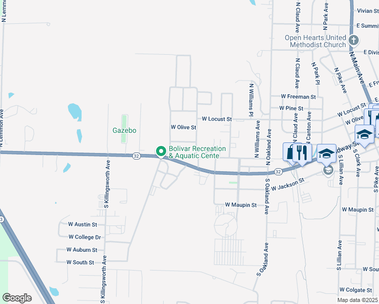 map of restaurants, bars, coffee shops, grocery stores, and more near 101-199 Russell Ave in Bolivar