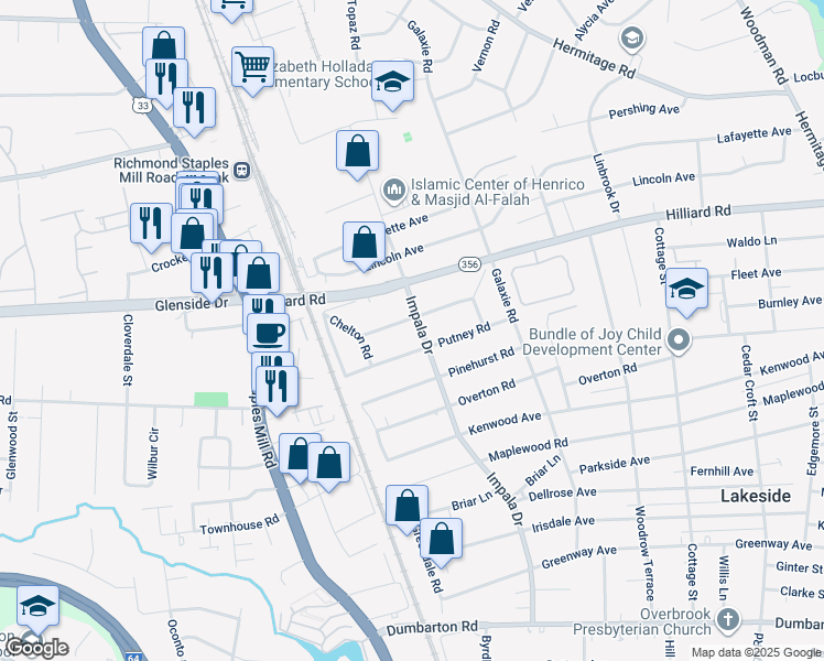 map of restaurants, bars, coffee shops, grocery stores, and more near 3003 Ruthland Road in Richmond