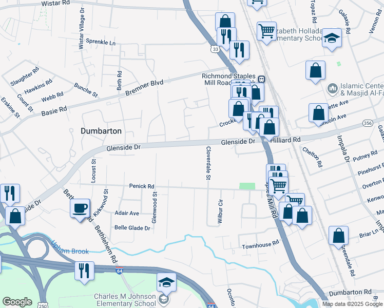 map of restaurants, bars, coffee shops, grocery stores, and more near 6904 Dellwood Street in Henrico