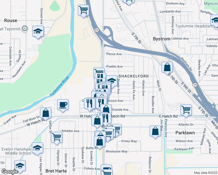 map of restaurants, bars, coffee shops, grocery stores, and more near 100 School Avenue in Modesto
