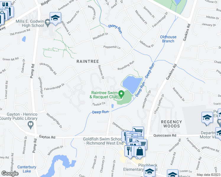 map of restaurants, bars, coffee shops, grocery stores, and more near 10315 Raintree Commons Court in Henrico