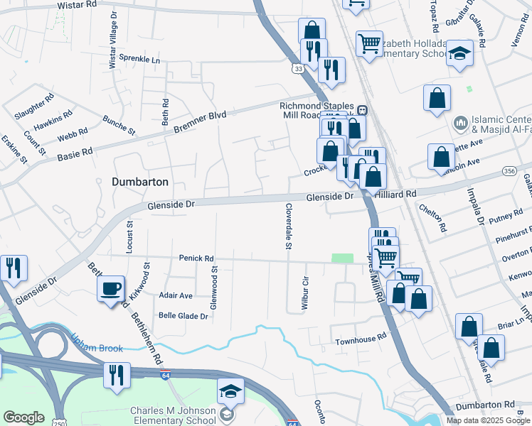 map of restaurants, bars, coffee shops, grocery stores, and more near 6904 Dellwood Street in Henrico