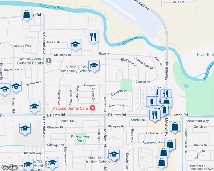 map of restaurants, bars, coffee shops, grocery stores, and more near 1205 Moffett Road in Modesto