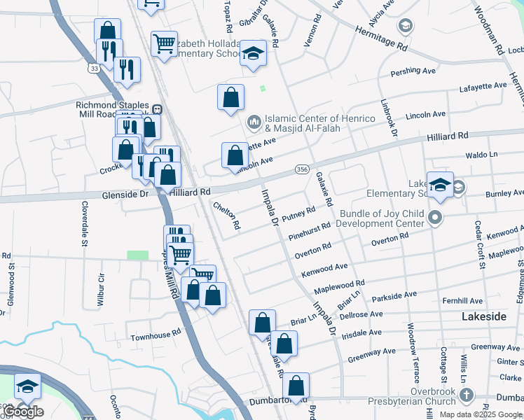 map of restaurants, bars, coffee shops, grocery stores, and more near 3003 Ruthland Road in Richmond