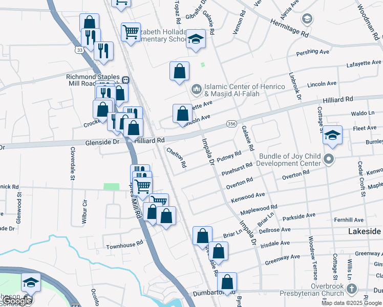 map of restaurants, bars, coffee shops, grocery stores, and more near 3015 Ruthland Road in Henrico