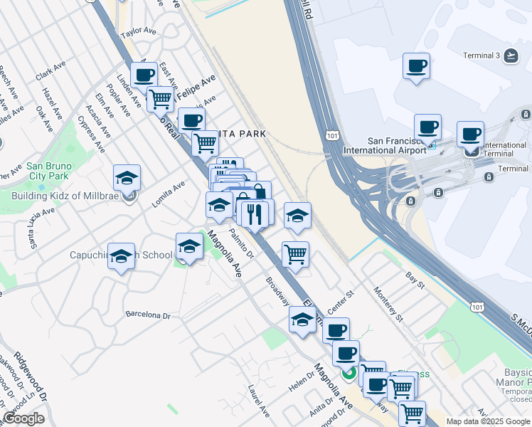 map of restaurants, bars, coffee shops, grocery stores, and more near 149 Santa Maria Avenue in San Bruno