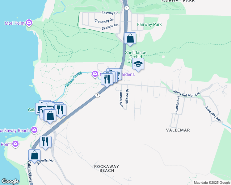 map of restaurants, bars, coffee shops, grocery stores, and more near 98 Franz Court in Pacifica