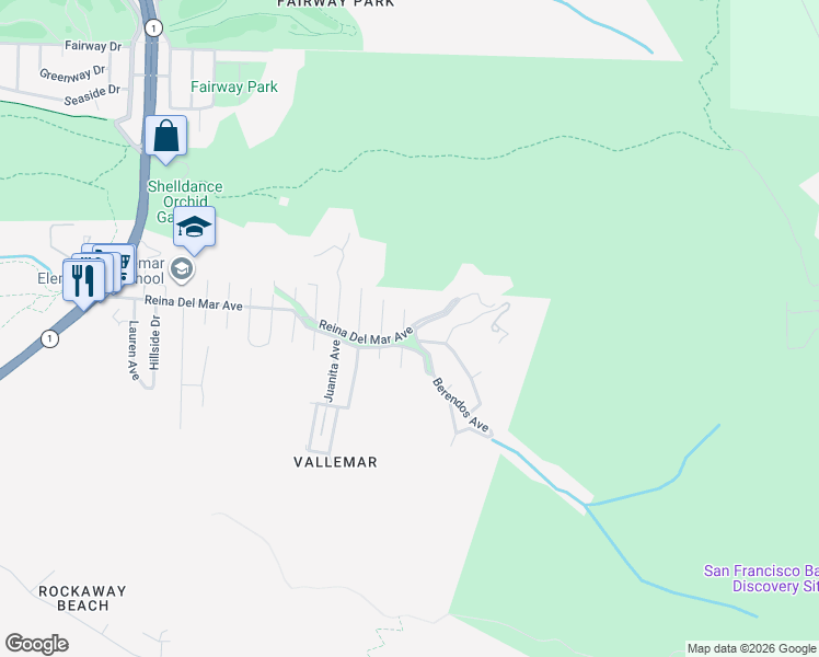map of restaurants, bars, coffee shops, grocery stores, and more near 107 Calaveras Avenue in Pacifica