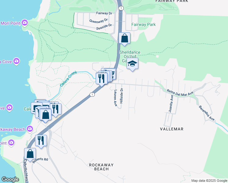 map of restaurants, bars, coffee shops, grocery stores, and more near 231 Lauren Avenue in Pacifica