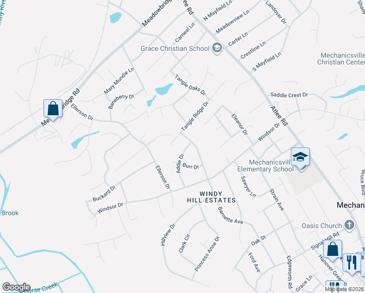 map of restaurants, bars, coffee shops, grocery stores, and more near 7425 Addie Drive in Mechanicsville