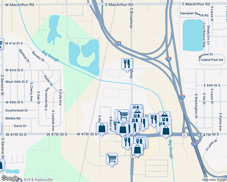 map of restaurants, bars, coffee shops, grocery stores, and more near 141 East 44th Street South in Wichita