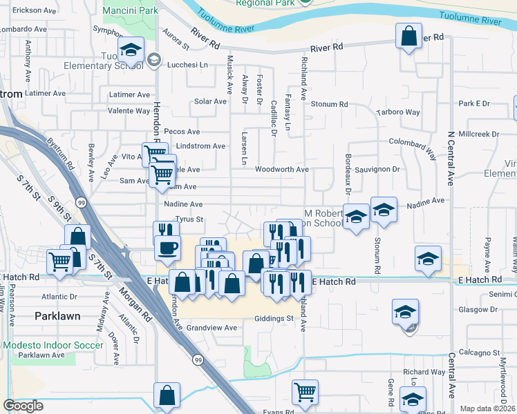 map of restaurants, bars, coffee shops, grocery stores, and more near 1610 Nadine Avenue in Modesto